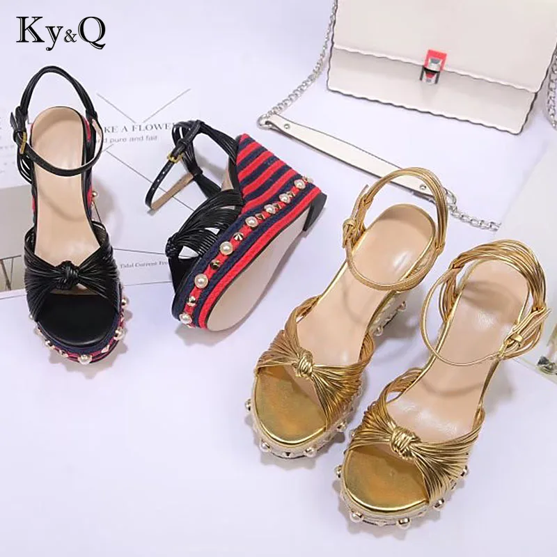 

2018 Summer Runway Peals Platform Party Sandals Women Sexy Round Toe Rivet High Heels Shoes Female Festival Wedding hemp shoes