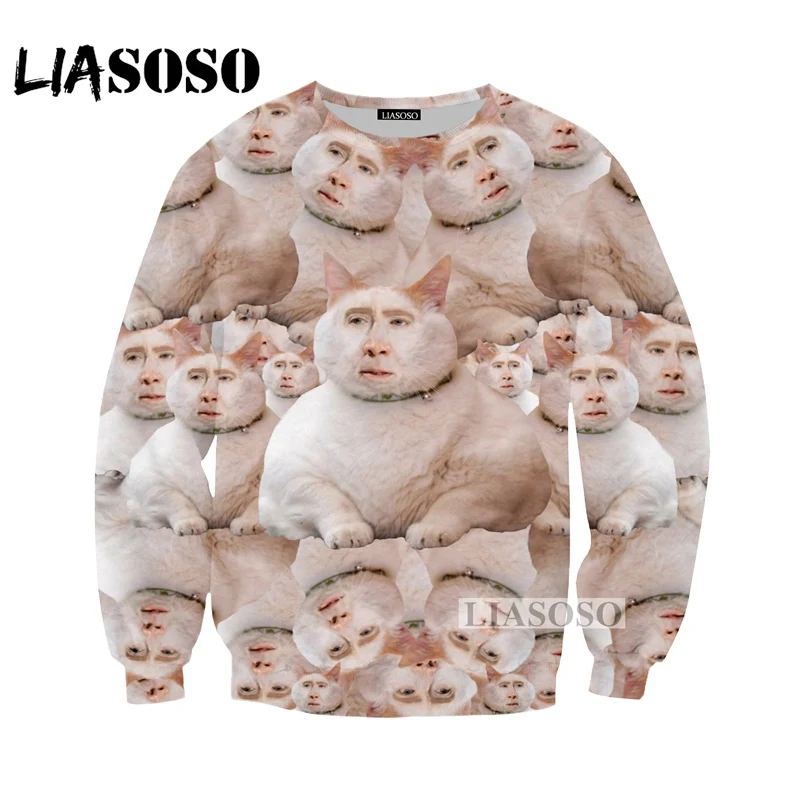 Liasosos горячая Harajuku Известный Актер Николас Кейдж 3D принт кофты Забавный Унисекс милого кота брендовая рубашка Топы G464