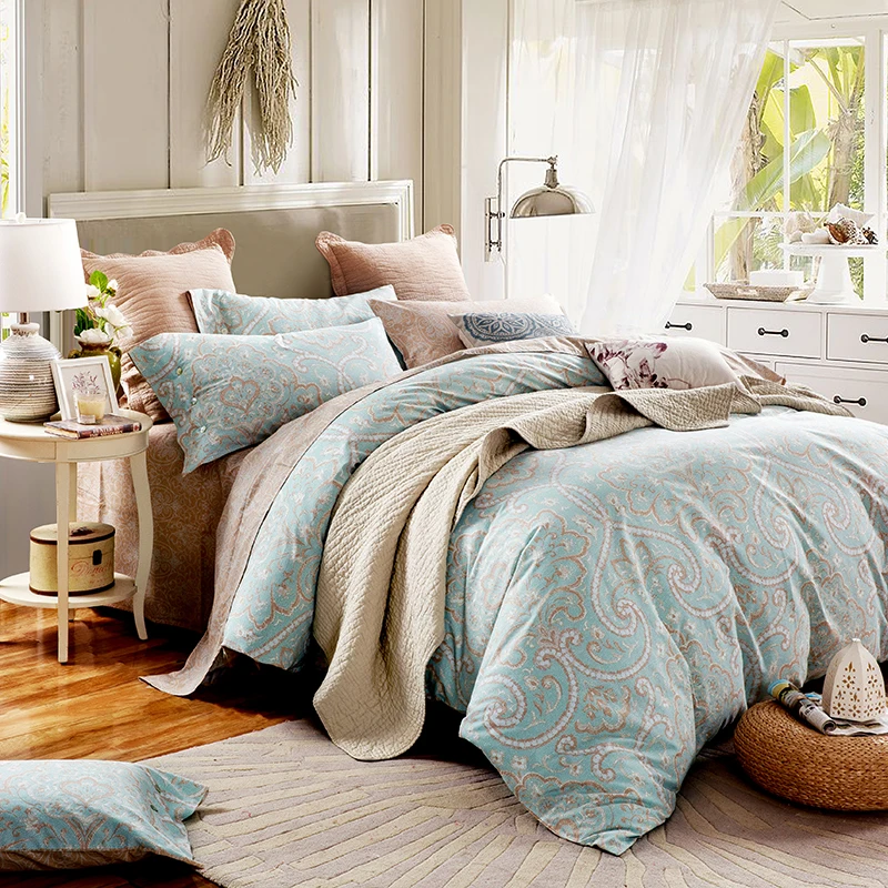 Waliicorners 4pcs 100%Cotton Printed Bedding set Button Duvet Cover set Bedsheet Pillowcases Queen King Size bed linen 49 IMG_3836