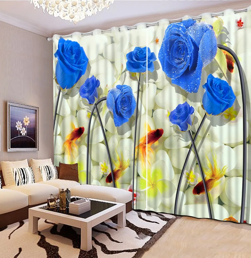 

Home Decor Beautiful photo print 3d curtains flowers fish blue roses curtains for window living room High Quality