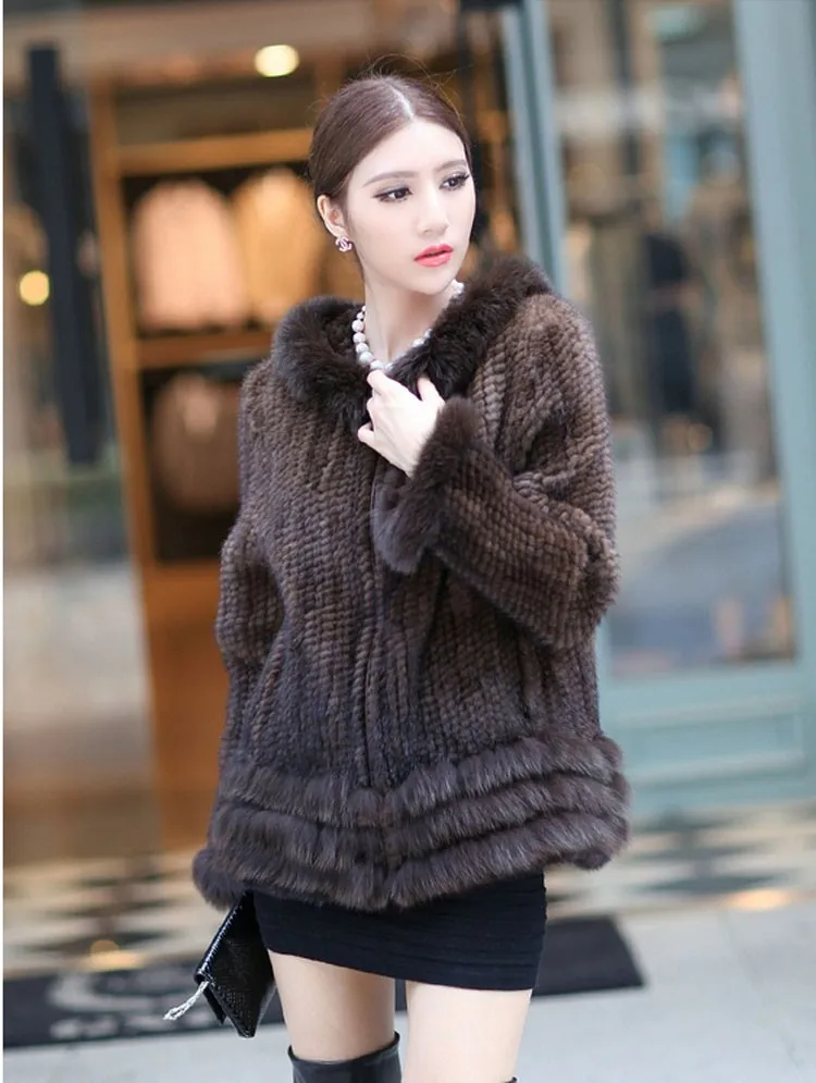 Популярные зимние женские модные натуральная вязаная норковая шуба куртка с капюшоном женское меховое пальто одежда