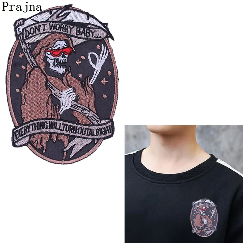 

Prajna Red Eyes Halloween Ghost Patch devil Free Biker Embroidered Patches Punk Rock Iron On Patch Sticker Skull Clothes Apparel