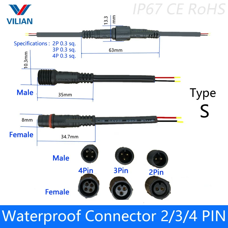 5 пар водонепроницаемый разъем ток 2.4A 2 pin/3 pin/4 pin с проводным кабелем IP67 штекер «Мама-папа» 0,3(мм2