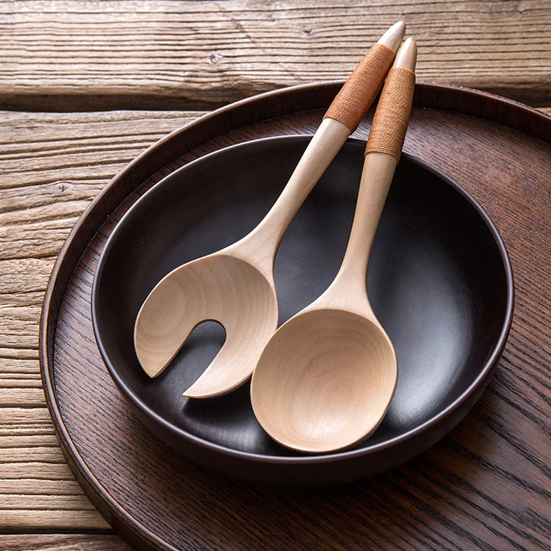 Set of 2 Cutlery Set Salad Stirring Fork Scoop Hand-made Wooden Dinnerware Set Long Handle Scoop Salad Fork Kitchen Utensils (4)