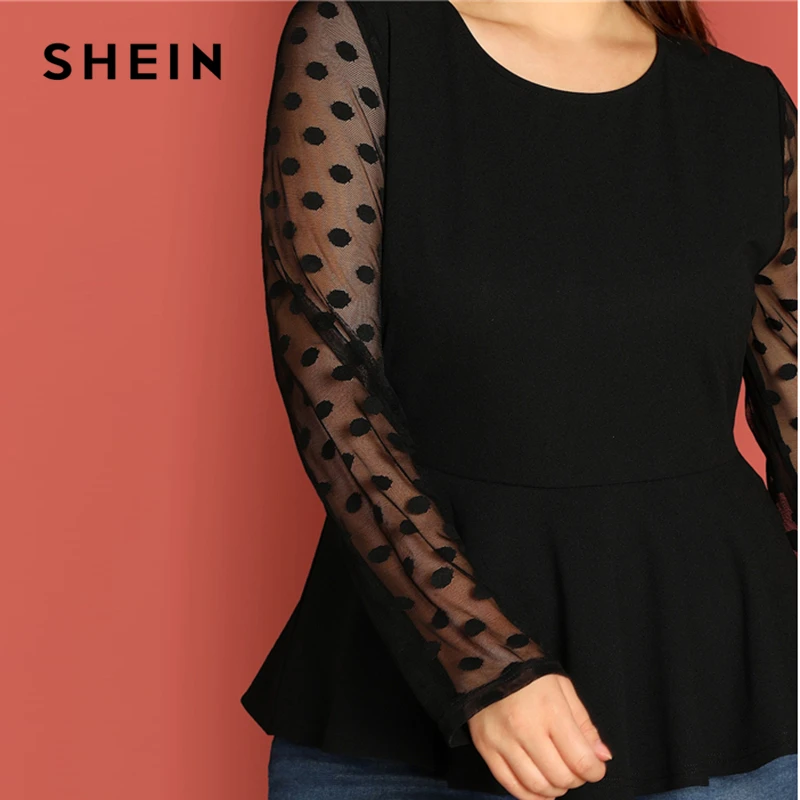  SHEIN Black Highstreet Elegant Plus Size Dot Contrast Mesh Sleeve Peplum Ruffle Hem Top Tee Autumn 