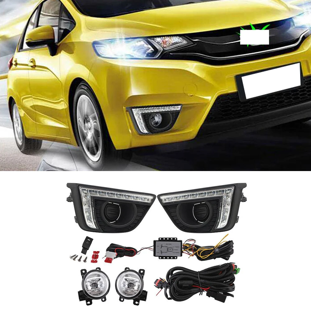 

CAPQX 1Set For Honda Fit Jazz 2014-17 Front Bumper LED Daytime Running Light DRL Day Lamp Foglight Assy with Harness Switch Kits