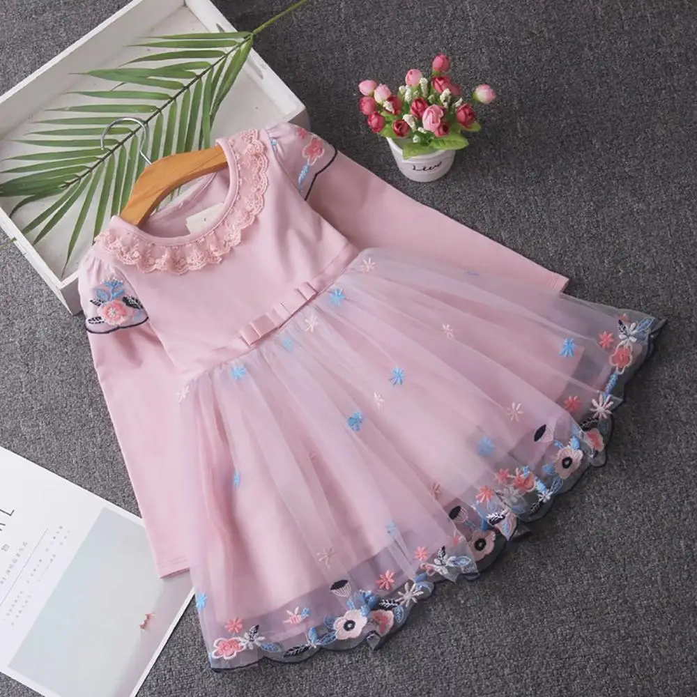 

Autumn Casual Baby Girls Floral Design Long Sleeve Patchwork Mesh Dress Kids Toddler Pageant Sundress 5-12T