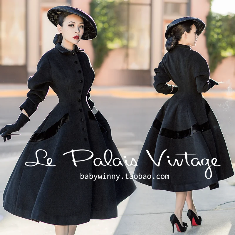 

35-le palais vintage winter women 50s elegant Audrey Hepburn style black long wool coat pinup abrigos mujer plus size 4xl jacket