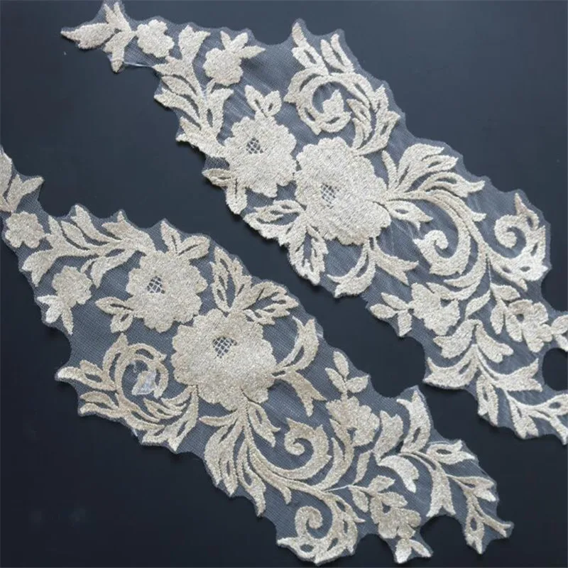 

1Pair/2pcs Flat Embroidery Light Gold Lace Appliques Flower Sewing Trims Wedding Decoration Patch 12.5X40cm BD0555