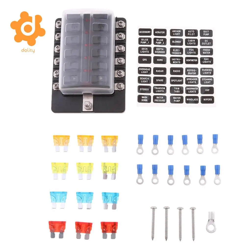 12 Way Blade Fuse Box Block Holder LED Indicator W/ Fuses For 12V 24V Car