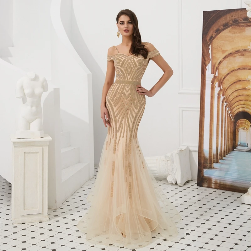 Элегантное Золотое вечернее платье русалки,, милое, с вырезом, с открытыми плечами, официальное, вечернее, длинное, роскошное, с кристаллами, Vestido De Gala