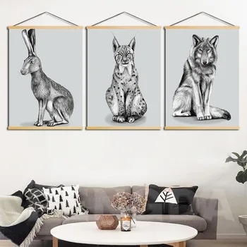 

Home Decoration Wall Artwork Wolf Rabbit Leopard Painting Solid Wood Hanging Scrolls Canvas Print Simple Pictures Animal Posters