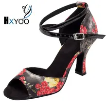 HXYOO Women Latin Shoes Ballroom Dance Shoes Salsa Ladies Satin Soft Sole Red Flower With Black High Heel Peep Toe WK007