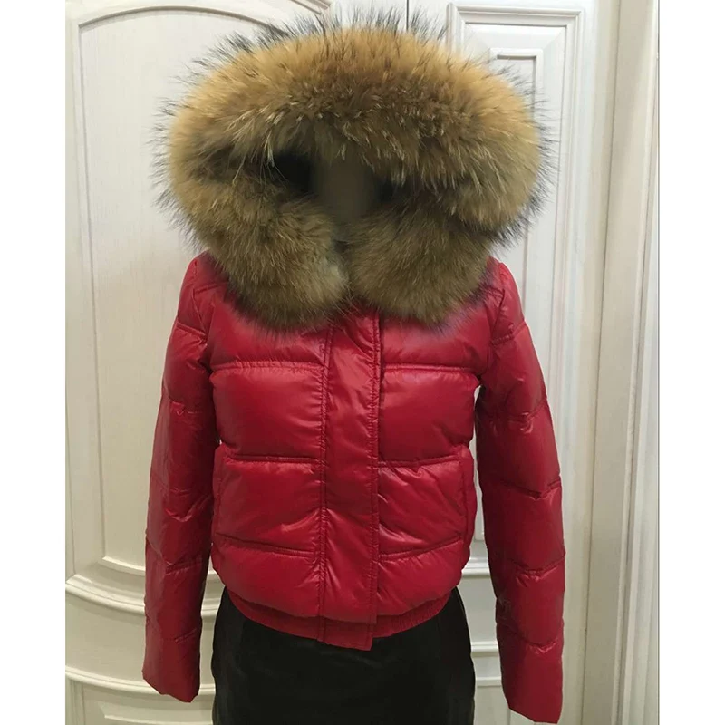red jacket with black fur hood