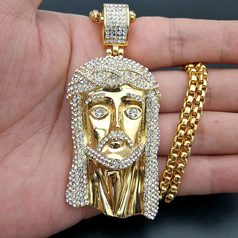 Хип-хоп раппер Bling Iced Out большой кусок Иисуса Подвески Ожерелья золотистого цвета 316L ювелирные изделия из нержавеющей стали с 2" золотой цепочкой