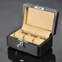 3 ช่องใส่คาร์บอนไฟเบอร์นาฬิกาสีดำ PU นาฬิกาหนังที่มีล็อคใหม่ Mechanical ของขวัญผู้ถือจอแสดงผล