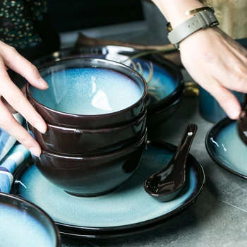 

Creative ceramic cutlery set home dish plate 2/4 people edible tableware set Black Cutlery