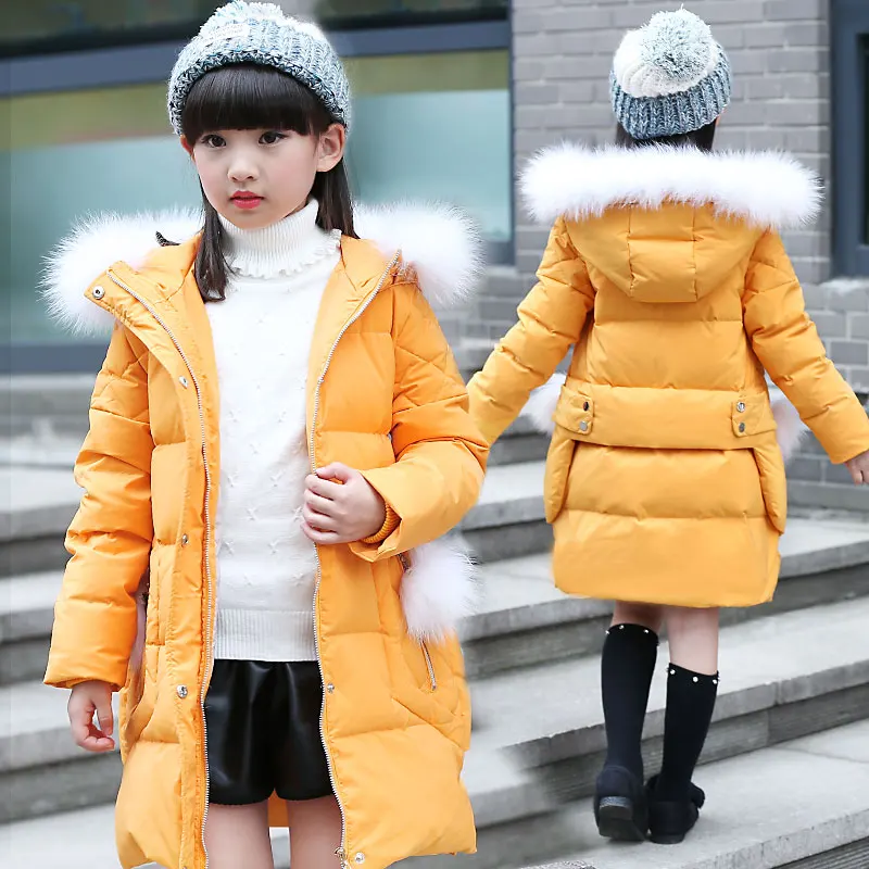 New Children Winter Jacket Girl Winter Coat Kids Warm Thick Fur Collar Hooded long down Coats For Teenage 5-9Y Yellow Pink Black цена New Children Winter Jacket Girl Winter Coat Kids Warm Thick Fur Collar Hooded long down Coats For Teenage 5-9Y Yellow Pink Black цены онлайн