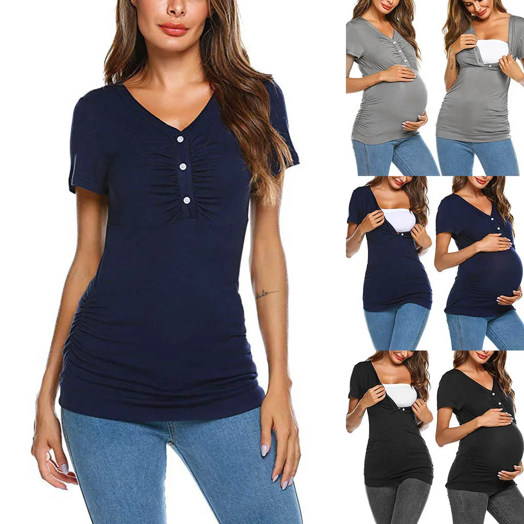 

2019 New Breastfeeding Clothes Women Button Nursing Solid V-Neck Top T-Shirt Blouse Premama Summer Maternity Mothers Clothing