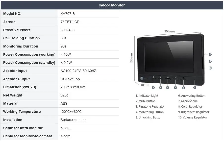 HOMSECUR 7 "цветной внутренний монитор с Mude режим XM707-B для видео телефон двери домофон системы