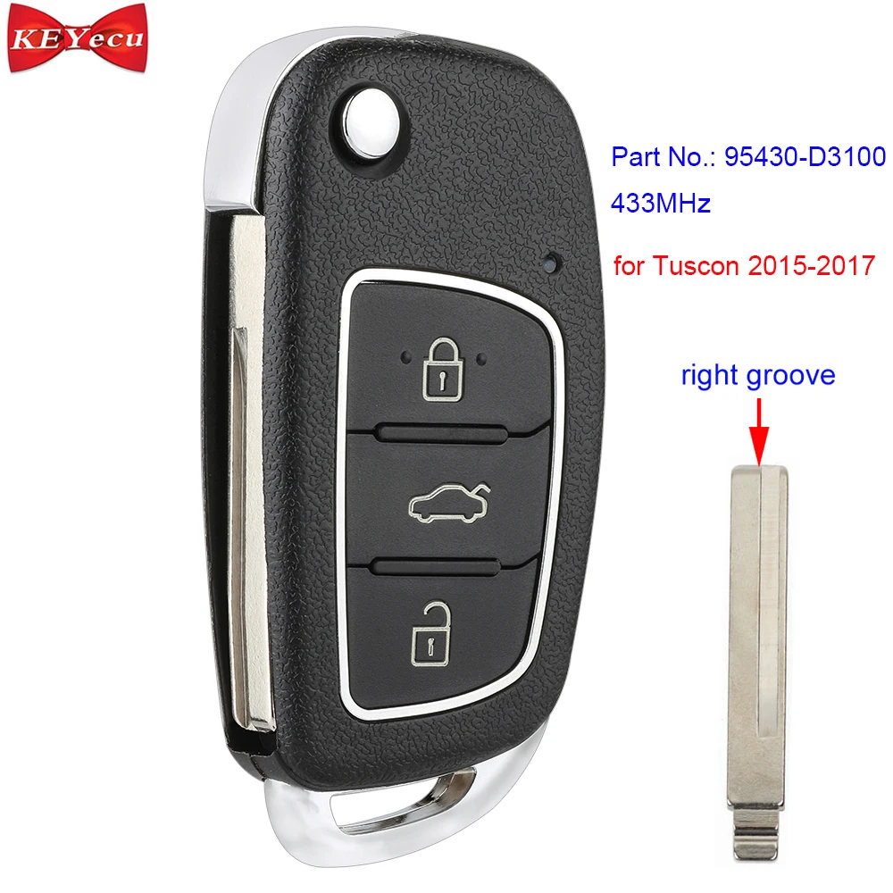 

KEYECU for Hyundai Tuscon 2015 2016 2017 Flip Remote Control Car Key Fob 3 Button 433MHz P/N: 95430-D3100