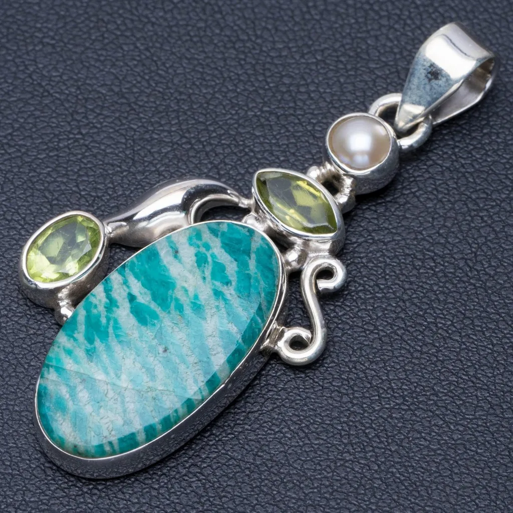 

Natural Amazonite,Peridot and River Pearl Punk Style 925 Sterling Silver Pendant 2" Q0395