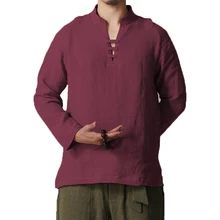 INCERUN 5XL мужские рубашки, повседневные хлопковые льняные рубашки с длинным рукавом, v-образный вырез, стоячий воротник, ретро китайский стиль, Camisa Masculina, осень