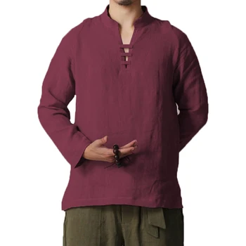 

INCERUN 5XL Men Shirts Dress Casual Cotton Linen Long Sleeve Shirts V Neck Stand Collar Retro Chinese Camisa Masculina Autumn