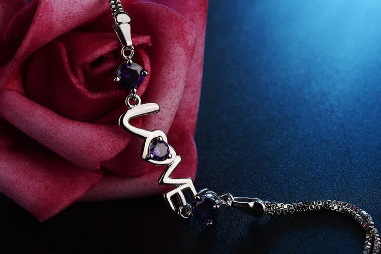 Новые ювелирные изделия из стерлингового серебра 925 пробы белый/фиолетовый богемский Кристалл цирконовое сердце браслет для женщин сердце любовь Femme браслеты подарок