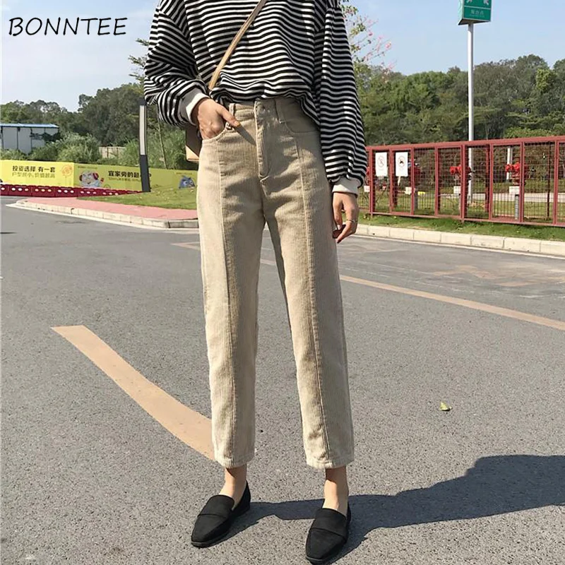 Брюки женские 2019 вельветовые прямые штаны на молнии по щиколотку брюки простой в Корейском стиле универсальные с высокой талией женские