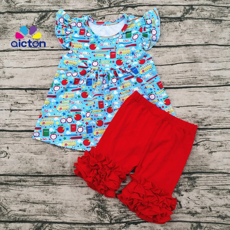 

Aicton Custom Boutique Clothing Toddler Baby School Bus Print Girl back to school Outfit Fall Cotton Ruffle Western Outfit