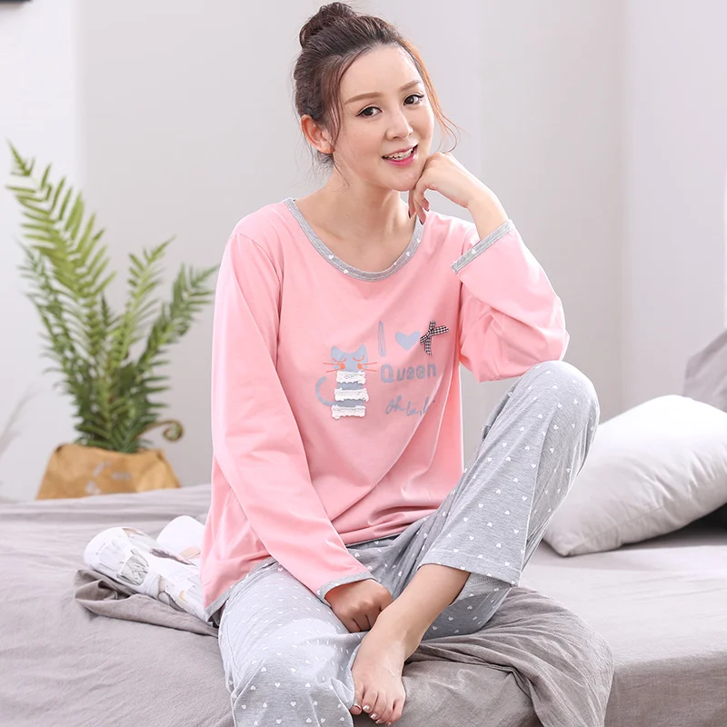 

Long Sleeve Cute Cat Lounge Set Leisure Homewear Pijama Promotion Pijamas New O-Neck Women Pajama Sets Full Cotton Sleepwear