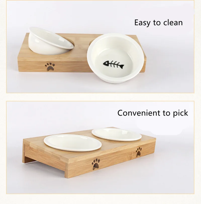 Кота Автоматические кормушки для собак домашних животных Еда миски для одноместный/двухместный/три чаши Керамика посуда бамбуковая