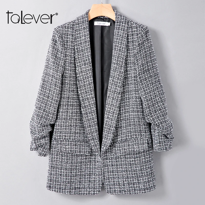 Women Thick Tweed Plaid Blazer Female Three Quarters Sleeve Slim Fit Jacket Winter Office Lady Spring Jackets Outerwear Talever | Женская