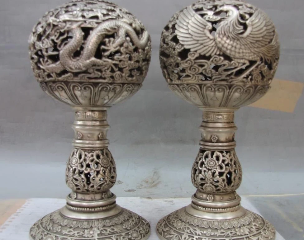 

China White Copper Silver Dragon Phoenix Bird Palace Lantern Light Candlestick