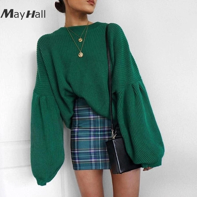 

MayHall Lantern Long Sleeve Autumn Winter Loose Jumper Sexy O Neck Drop Shoulder Sweater Solid Pullovers casaco feminino MH332