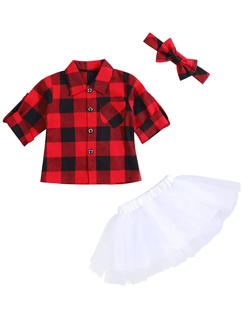 

Oklady Toddler Baby Girl Red Plaid Button Down Flannel T-Shirt Sweet Tutu Skirts with Headband Infant Dress Clothes Set