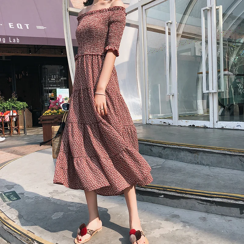 2018 Korean Summer Floral Print Women Chiffon Maxi Dress Ruffle Off Shoulder Short Sleeve Female Tunic Girl Casual Beach Dress