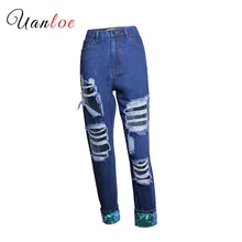 Бойфренд Стиль джинсы с блестками Для женщин Стильная рваность Джинсы женские Высокая Талия Свободные, длиной до щиколотки Прямые джинсы