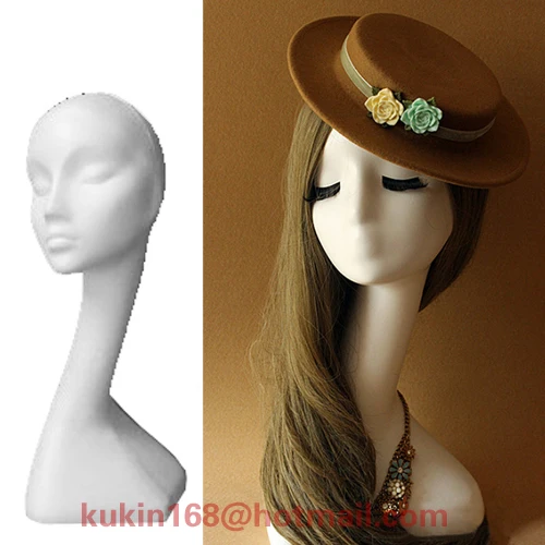 

Long neck female mannequin head used for jewelry, hats, wigs display