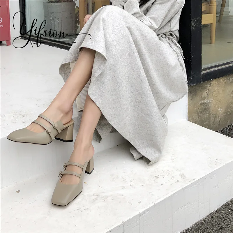 Neue Frau Echtem Yifsion as Pic As Sommer Maultiere Leder Frühling Frauen Hausschuhe Karree Starke Ferse Schuhe Pic Ywttpd