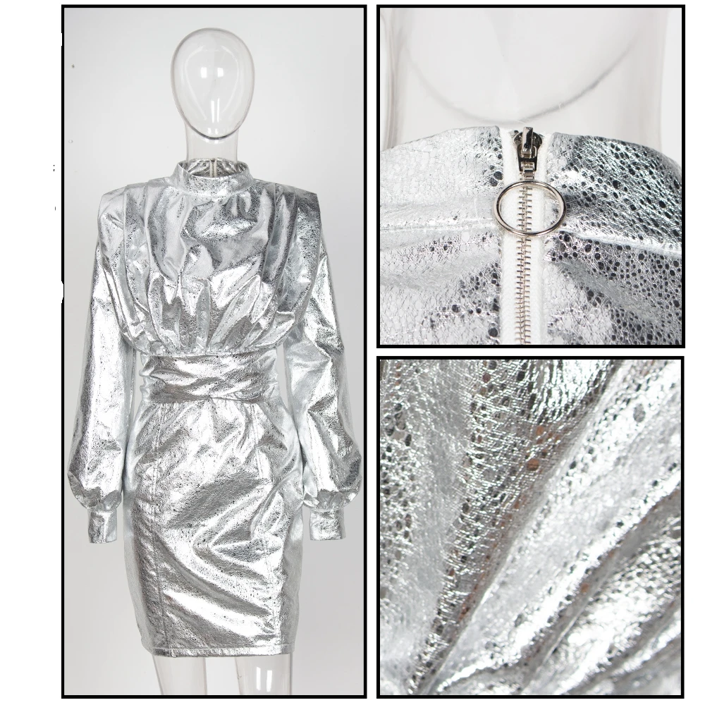 Модное серебряное сексуальное платье с длинным рукавом и поясом, женское элегантное Клубное платье на молнии, однотонное платье с высоким воротом, платье знаменитостей