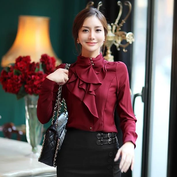 Women Bowtie Collar Long Sleeve Blouse Tops Korean Fashion OL Formal Shirt  S-3XL