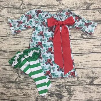 

Hotsale Girls Christmas Dress Kids Cartoon Trucks Cotton Dress Girls Xmas Tree Dress+Ruffle Socks Costume D0460