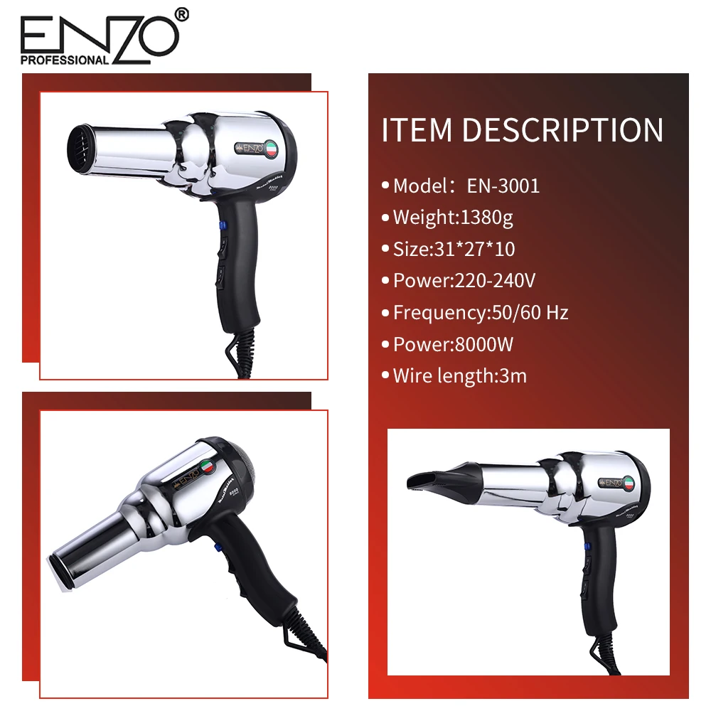 Enzo 8000w Corpo de Metal Volumizer Salon Professional Secador de Cabelo de Íons Negativos Secador de Cabelo Escova Quente/frio com ar Coleta de Bico 12 de beleza profissional secador de cabelo volumizer