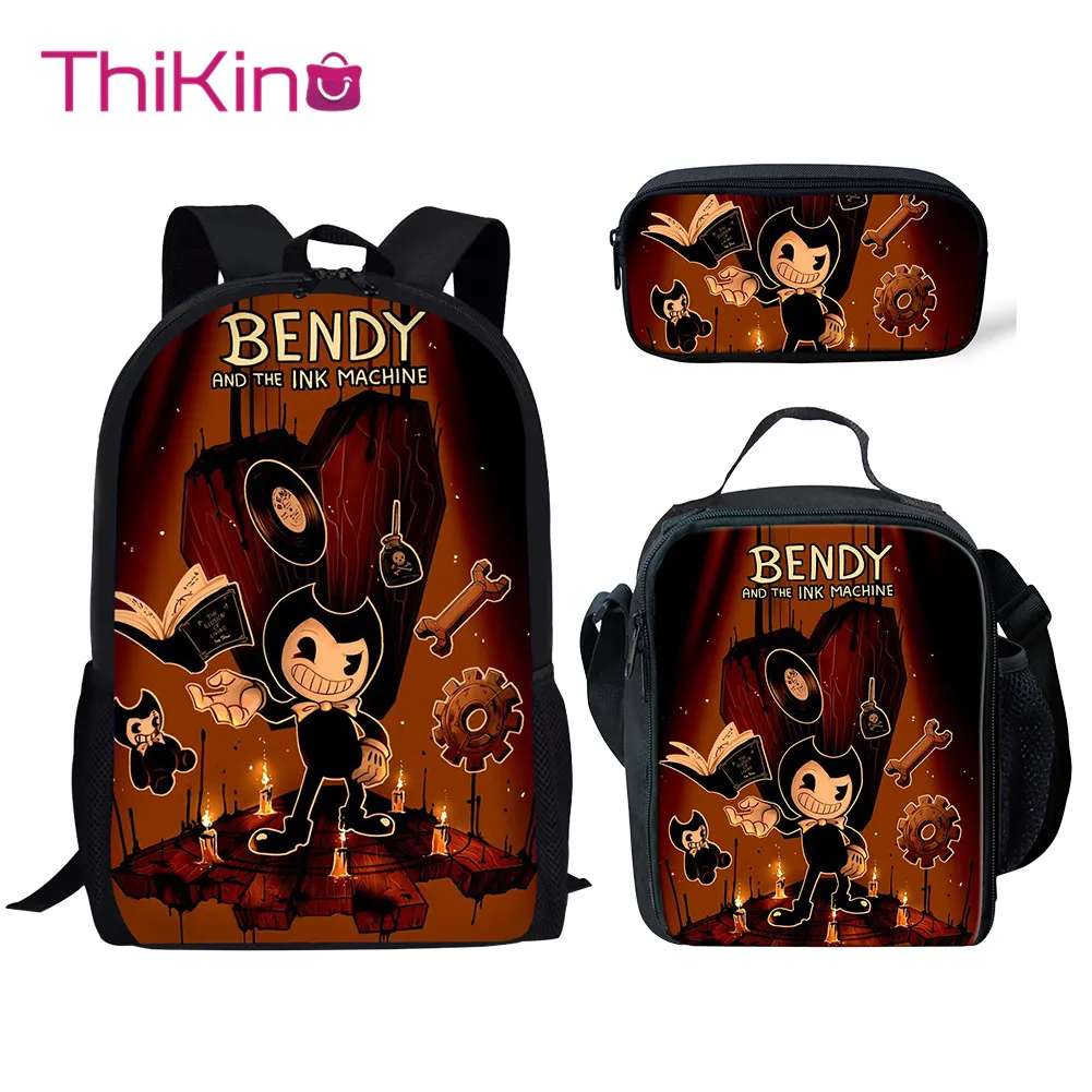 

Thikin Bendy and Ink Machine School Bags 3pcs/set for Boys Teenagers School Backpack Cartoon Pattern Bookbag Lovely Satchel
