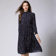New Arrival 2018 Women Spring Dress Long Sleeve Chiffon Printed Dress Fashion Pleated Hem Sweet Floral Dress Vestidos