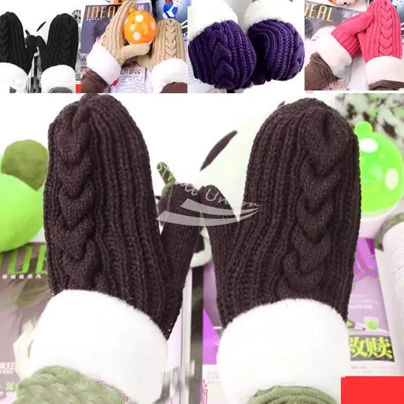 2013 Cute Mitten Thick Winter Mittens Knitted Wool Warm Fur Gloves for Women 6 Colors 9428 | Аксессуары для одежды