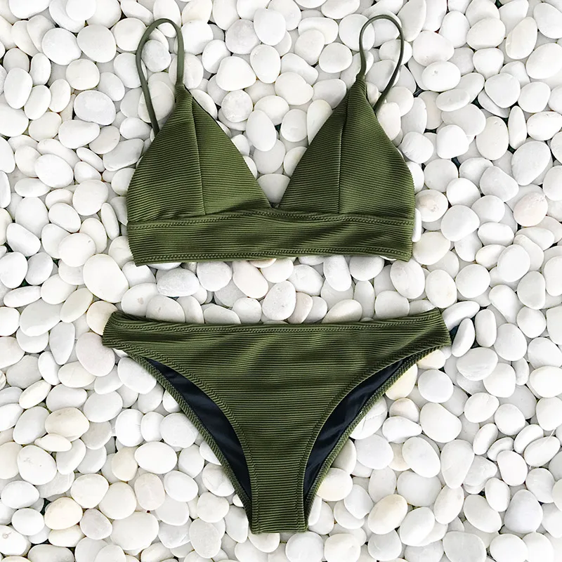 CUPSHE Army Green Solid Bikini Set Women Triangle Sexy Two Pieces Swimwear 2019 Girl Plain Beach Bathing Suit Swimsuits