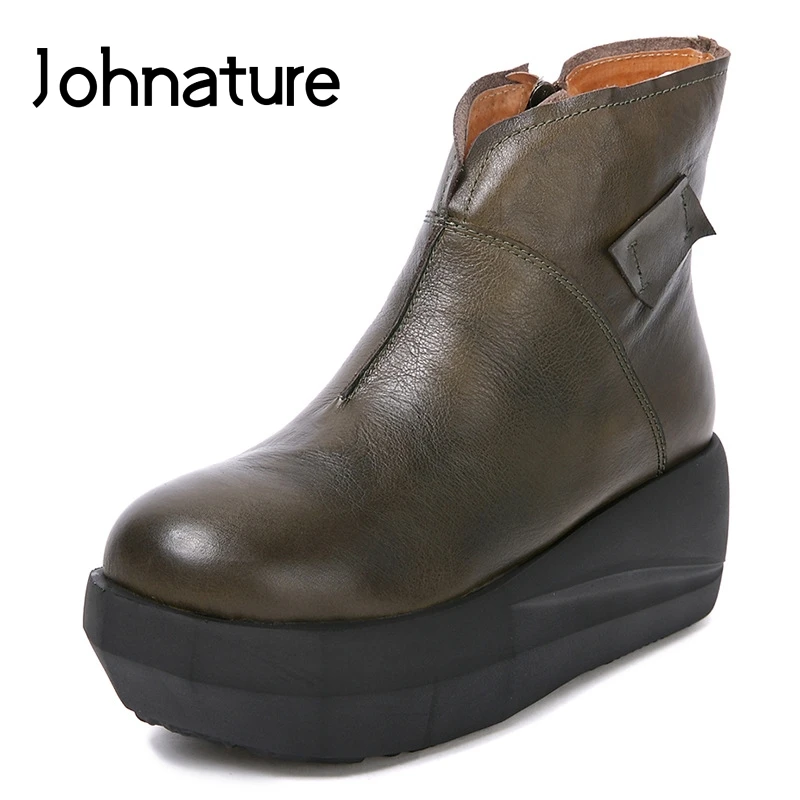 

Johnature 2019 New Autumn/Winter Genuine Leather Casual Round Toe Retro Med Ankle Boots Platform Womens Shoes